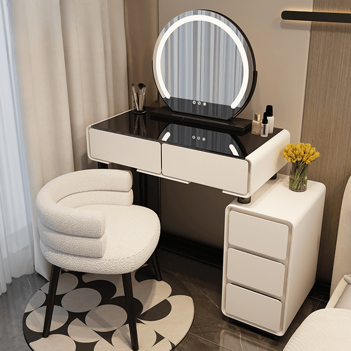 Standard/Small Lumber Vanity Set with 4/5 Drawers, White Seating, Mirror Lights, and Lighting System
