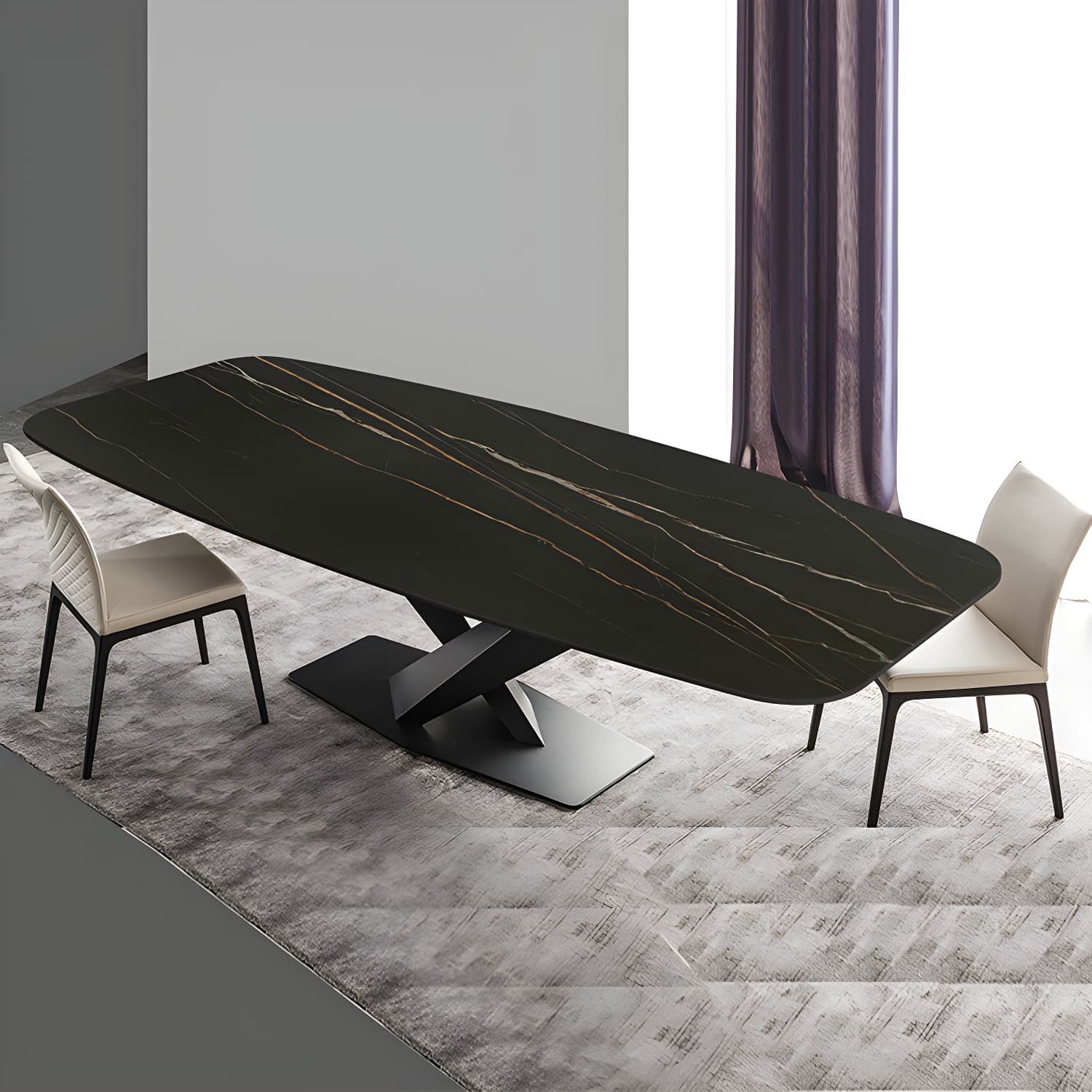 Sintered Stone Rectangle Dining Table Industrial Black Kitchen Table with Pedestal Base
