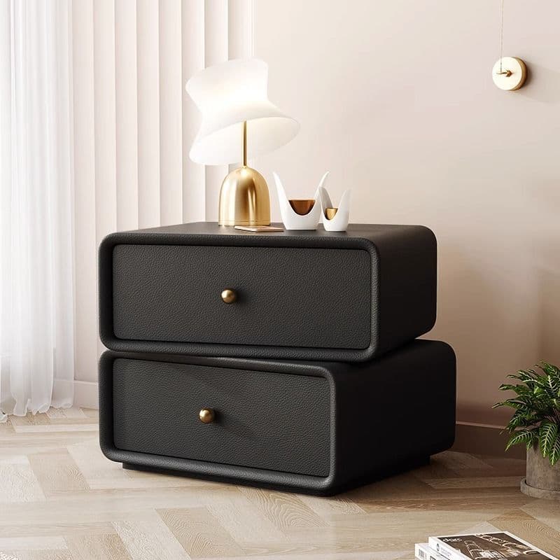 Simplistic 2 Tiers Drawer Storage Nightstand with Light Colored Wood, Swivel Feature, and Pleather Countertop