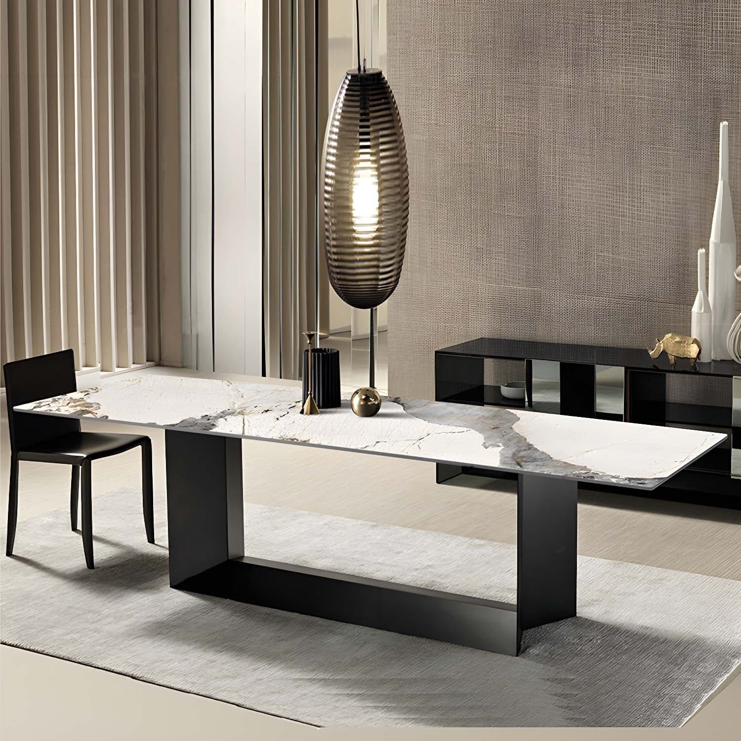 Sophisticated Modern Rectangle Stone Kitchen & Dining Table with Black Metal Trestle Base