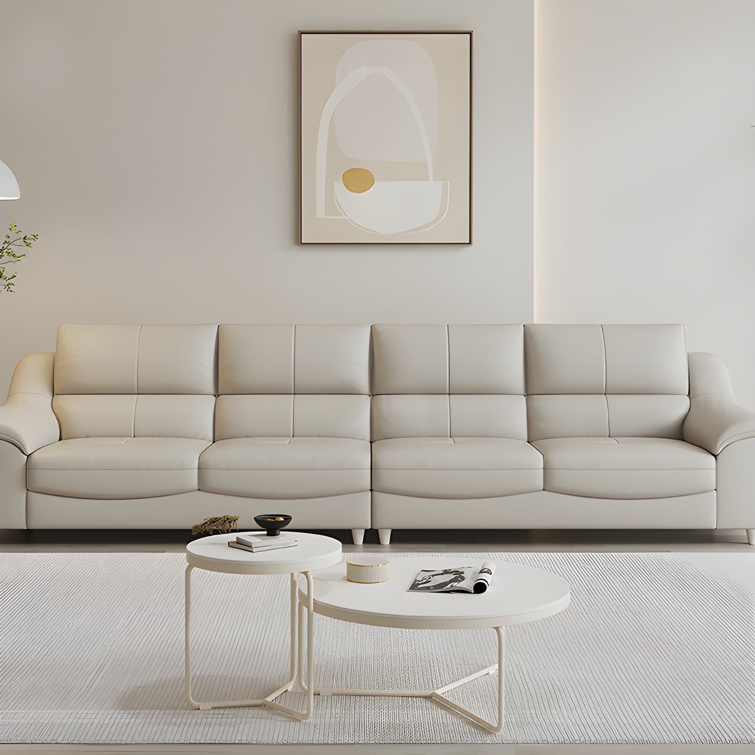 Beige Genuine Leather Modern Stationary Sectional Sofa with Wood Frame - image 11