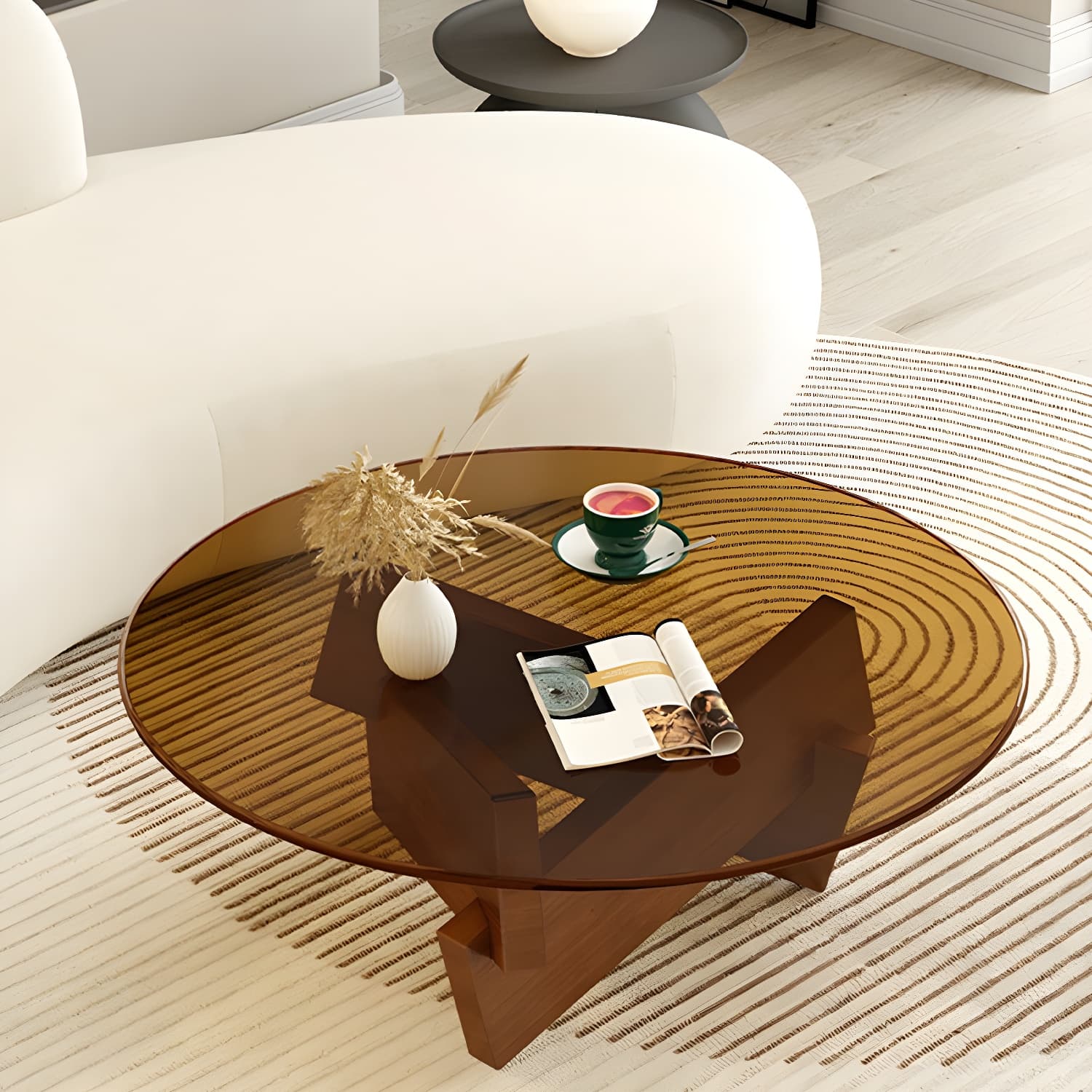Stylish Round Glass Coffee Table with Tempered Top and Abstract Wood Base - image 6