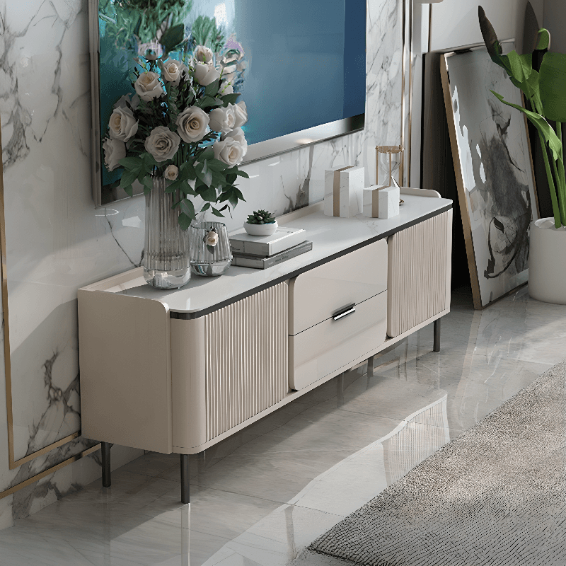 Chalk Art Deco Sintered Stone TV Stand for Sitting Room with 4/3 Drawers, 2 Cabinets, and Gate Doors
