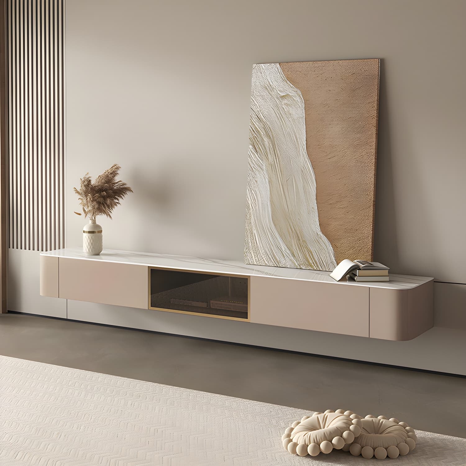 Brown Modern TV Stand with Floating Mount Design, Drawers, and Cable Management - image 9