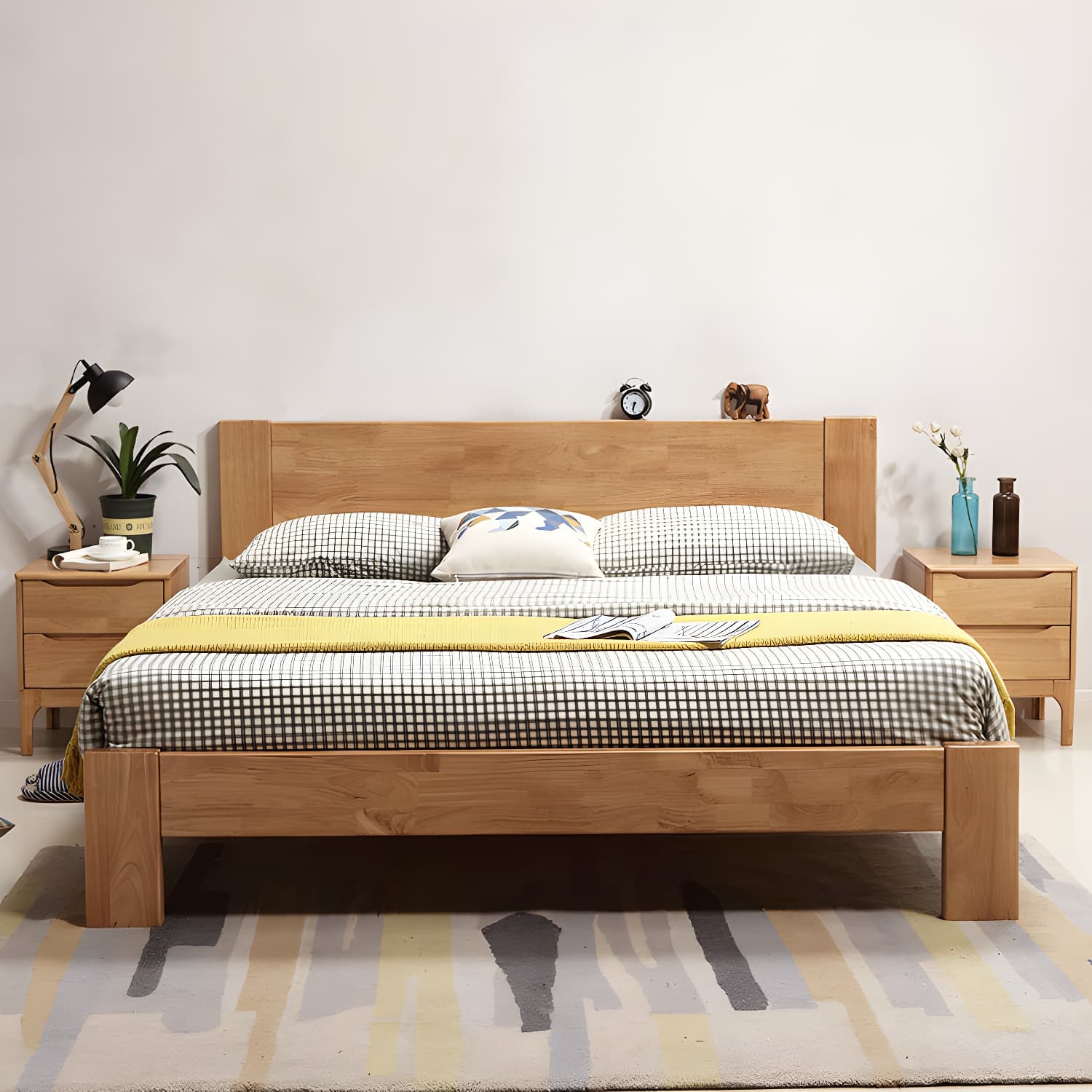 Modern Solid Color Panel Bed Rubberwood Standard Bed with Headboard - image 3