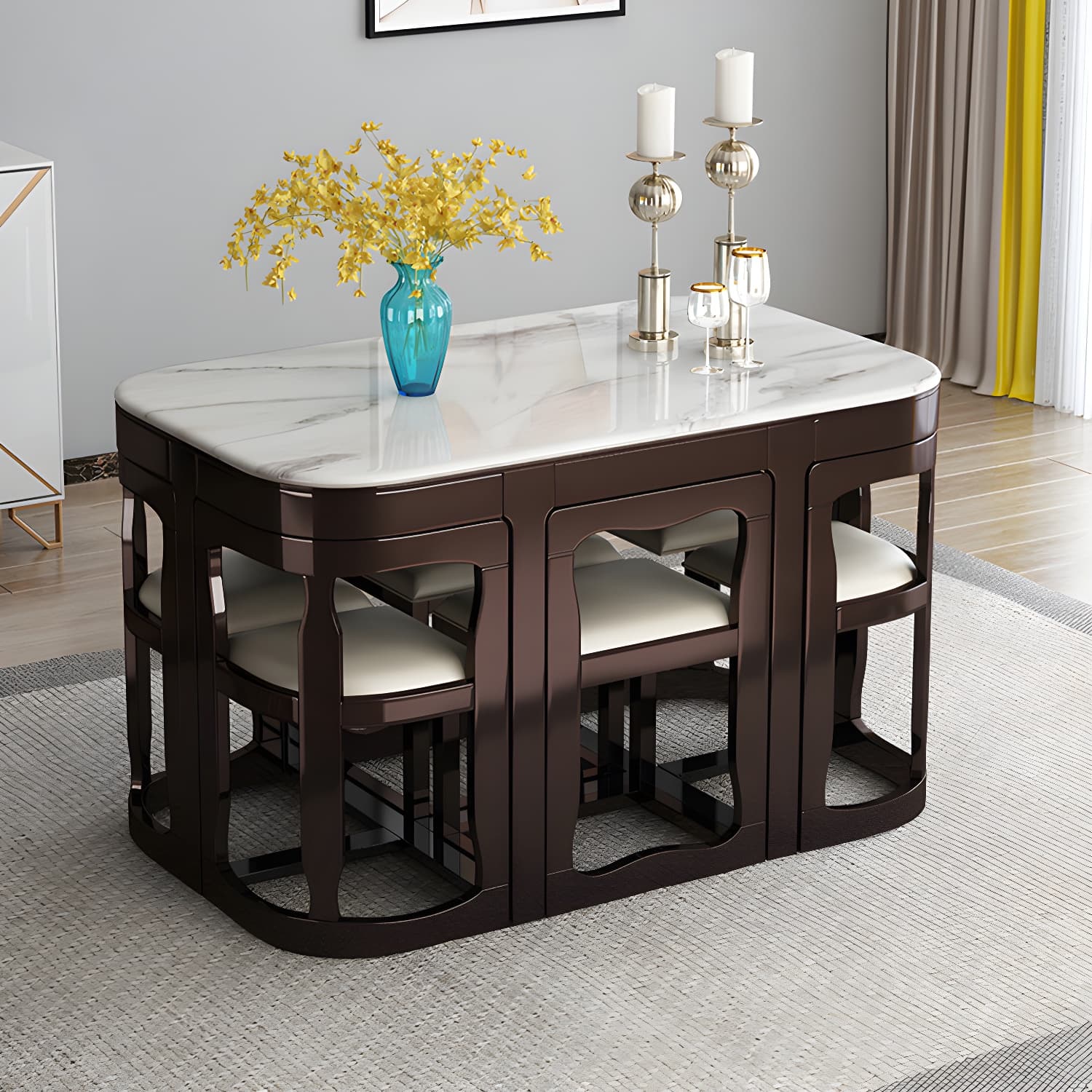7-Piece Modern Wood Dining Set with Trestle Base and Upholstered Chairs in White - Seats 6 - image 21