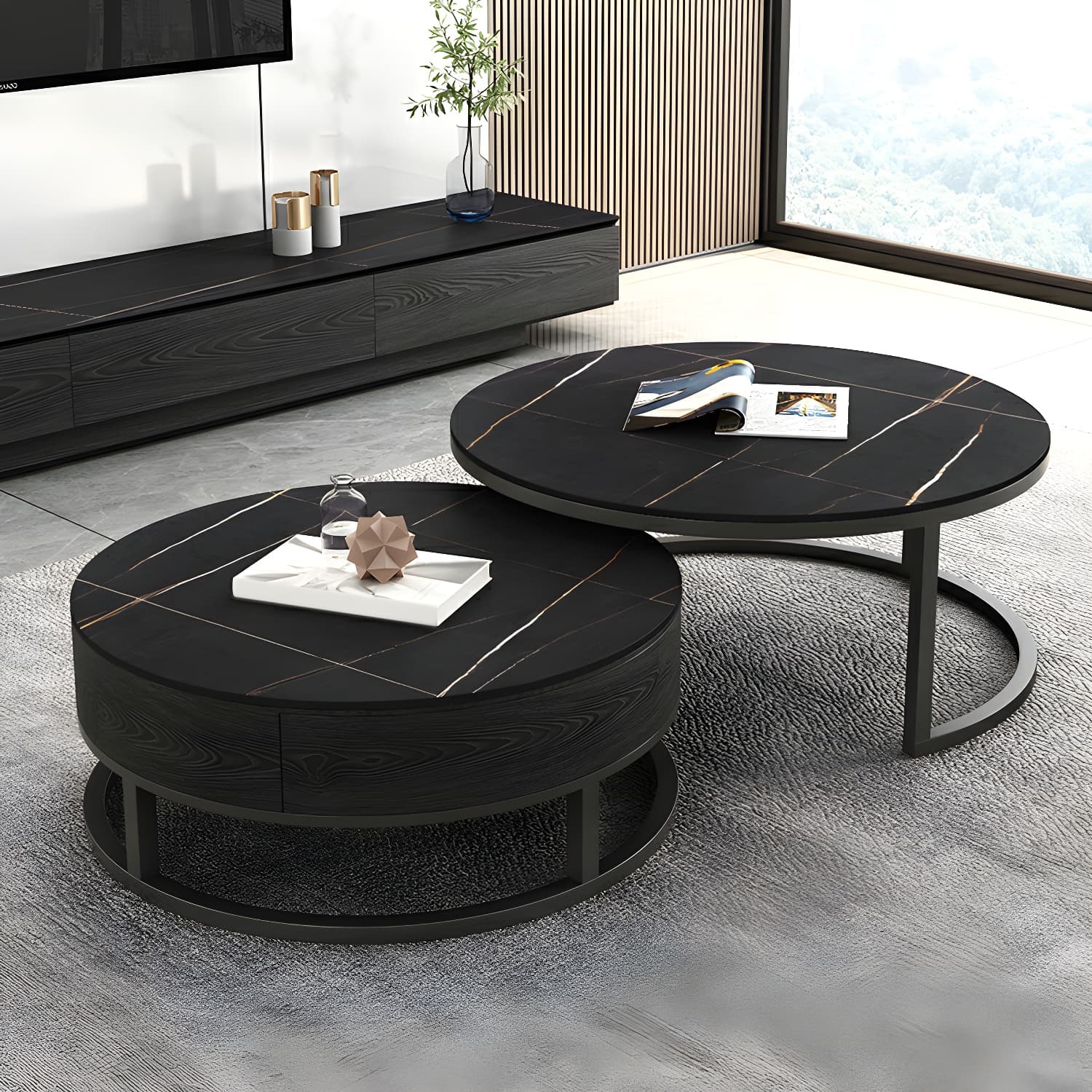 Set of 2 Round Stone Top Modern Nesting Tables with Black Metal Frames and Drawers Included