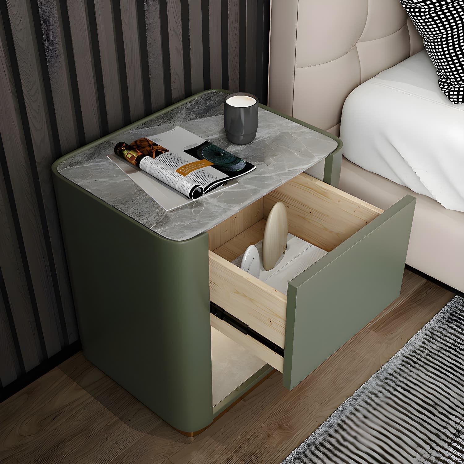 Modern Solid Wood and Slate Night Table Drawer Storage Bed Nightstand - image 8