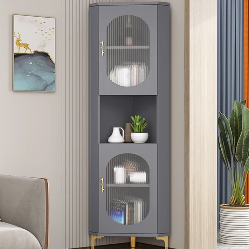 Gold Corner Modern Accent Cabinet with Glass Doors and Exterior Shelving