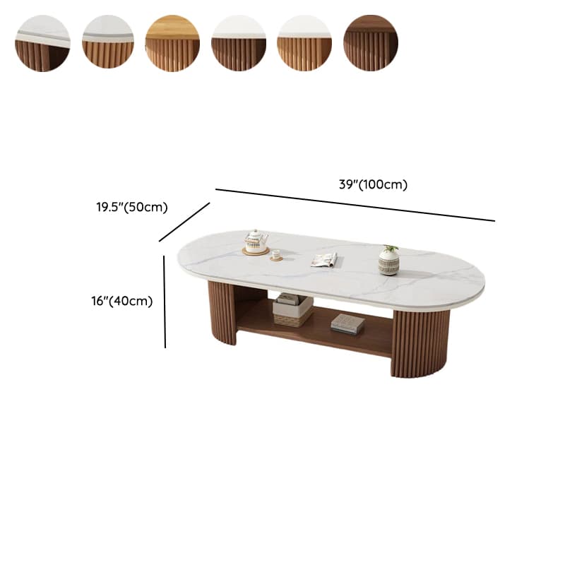 Elegant 2 Tiers Oval Natural Wood Board Game Coffee Table with Twin Support and Repository Storage, 1 Shelf - image 10