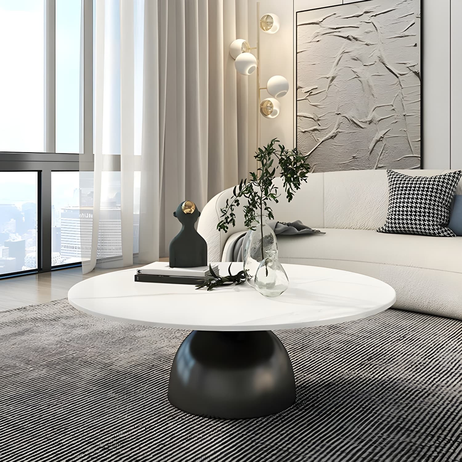 Round Stone Glam Coffee Table with Pedestal Iron Base and Built-in Storage - image 6