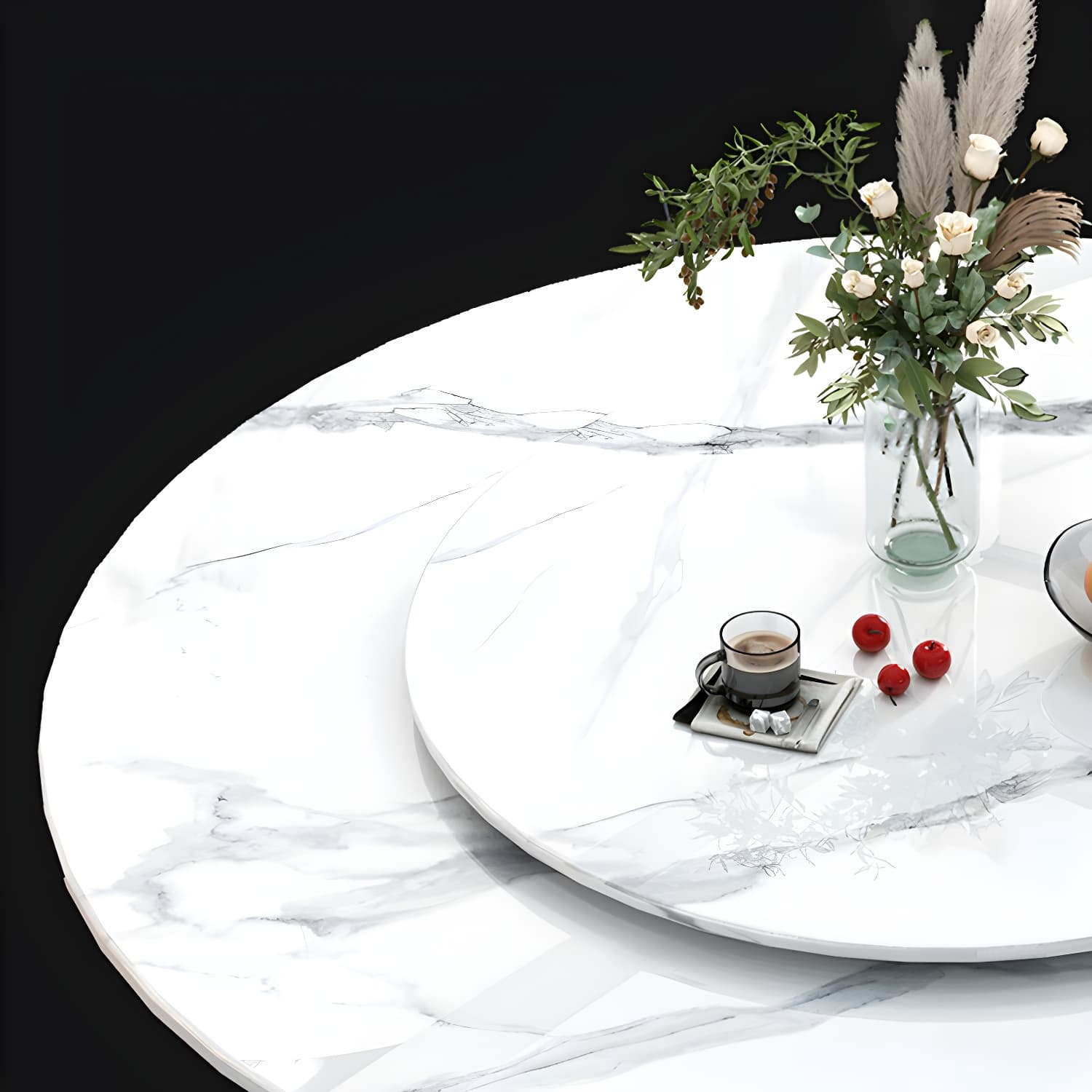 Stone Modern Round Dining Table with Black Steel Pedestal Base and Lazy Susan - image 9