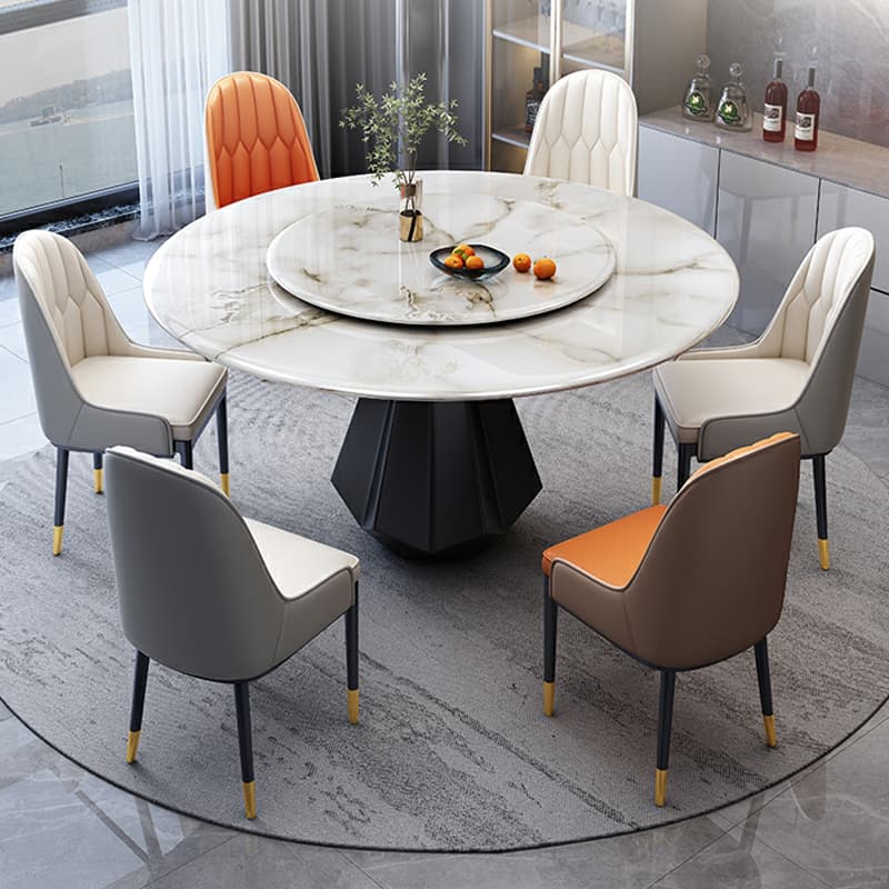 Modern Round Marble Dining Table Set with Black Metal Base in Beige - image 4