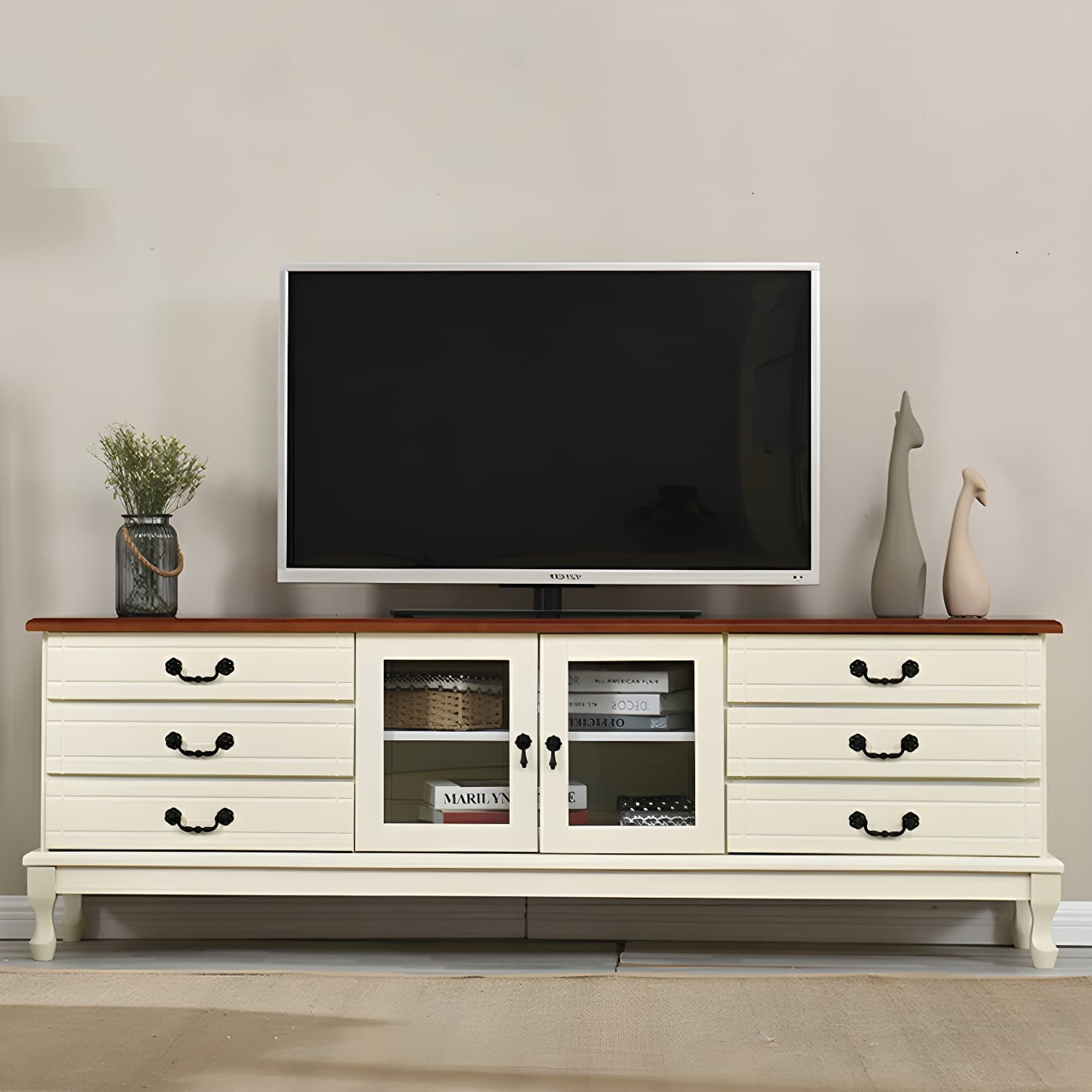 Modern 6-Drawer Solid Wood TV Stand with Glass Doors - 23.5" High