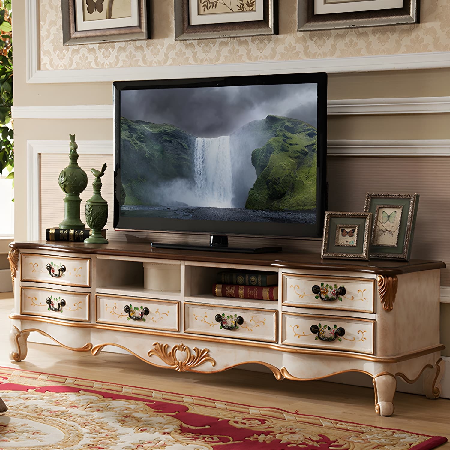 Vintage Birch Wood Media Console Matte Finish TV Media Stand with Drawers and Open Storage - image 6
