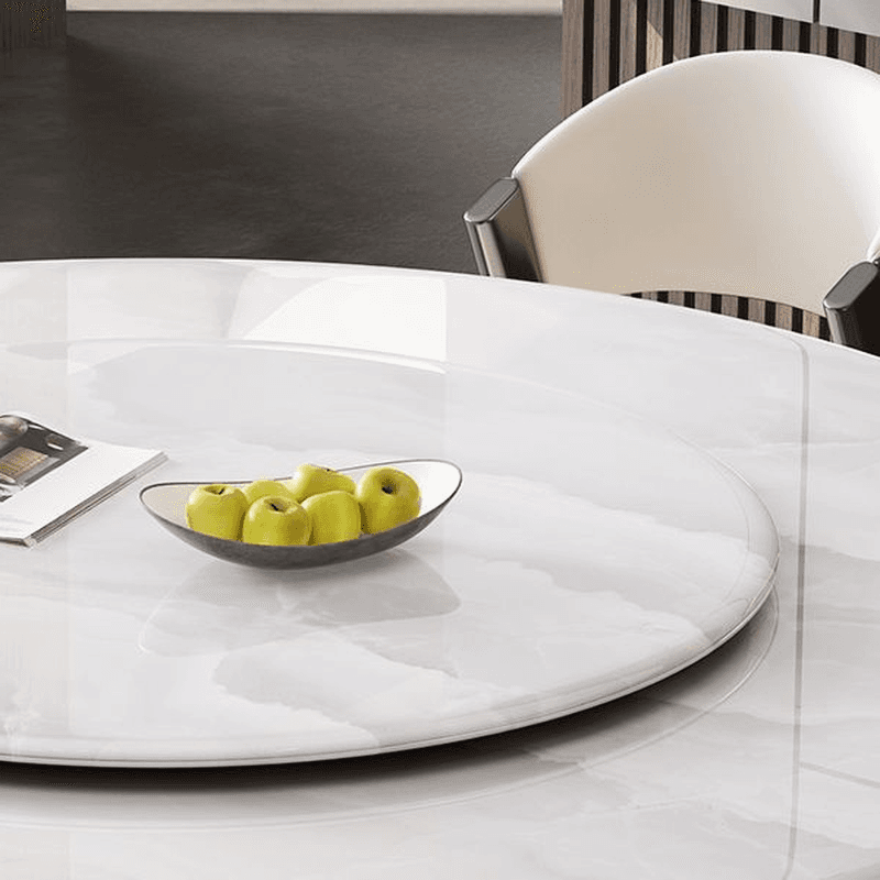 Dining Table Set with Rounded Marble Slab Top and Stump Base, Featuring Padded Chair with Back in White
