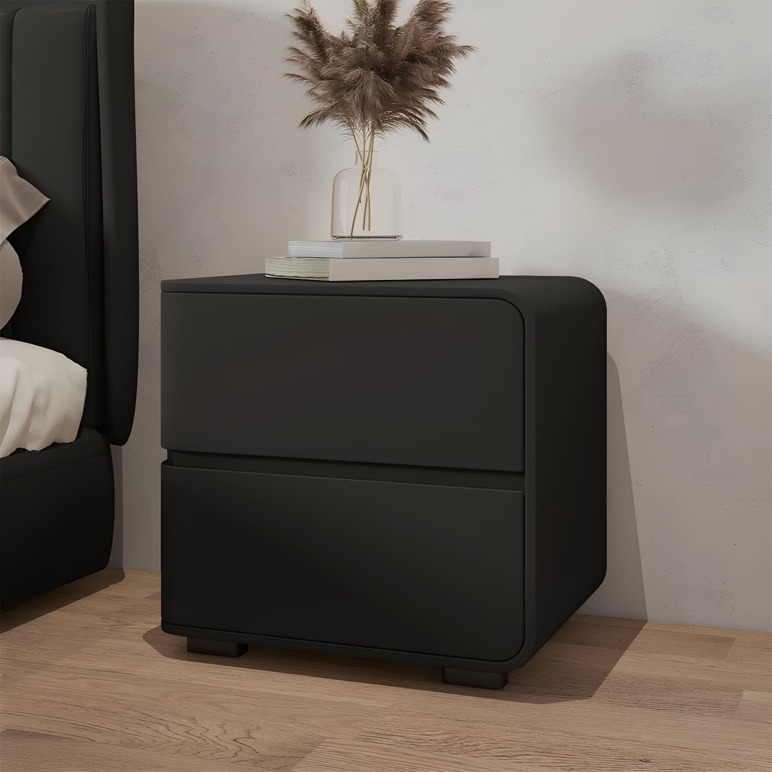 Modern Wood Nightstand with 2 Drawers - Small and Low Profile - Faux Leather Countertop