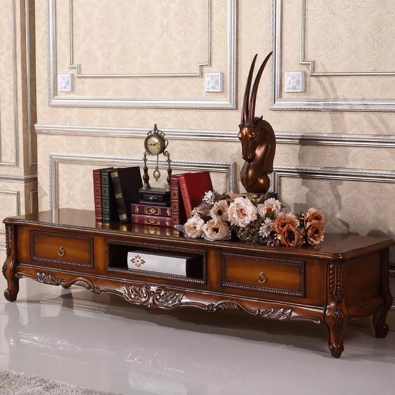 Scandinavian Brown TV Stand with Drawers & Shelves and Low Height featuring Open Storage