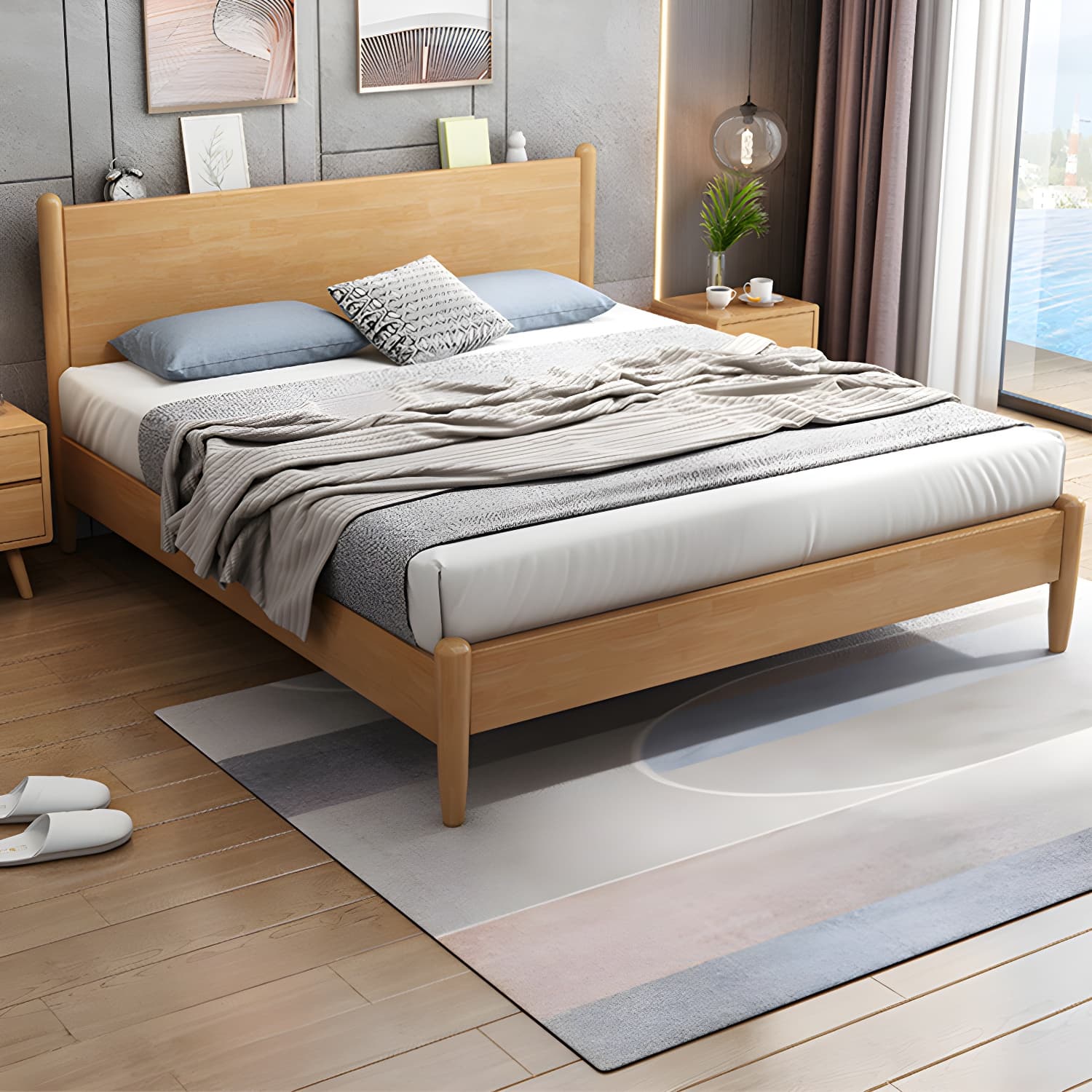 Northern European Solid Wood Bed Frame Mattress Included Panel Bed with Headboard - image 5