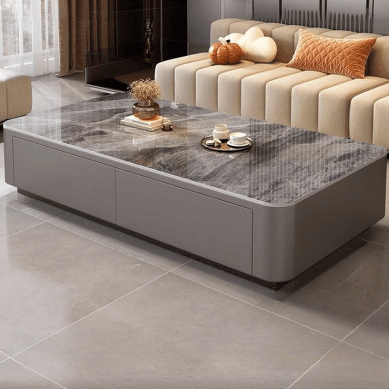 Contemporary Design Single Set Geometric Figure Rock Top Board Game Coffee Table with Block Base in Gray/Chalk and 2 Drawers