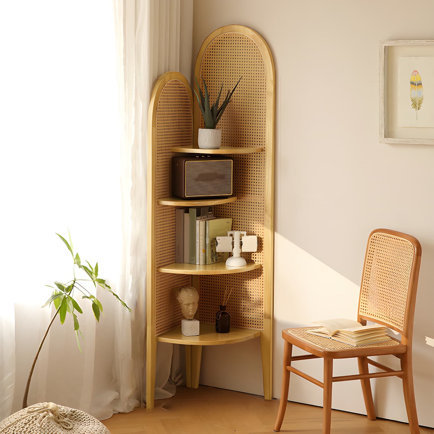 Scandinavian Corner Accent Chest with Natural Wood Counter Top and 4 Open Shelves