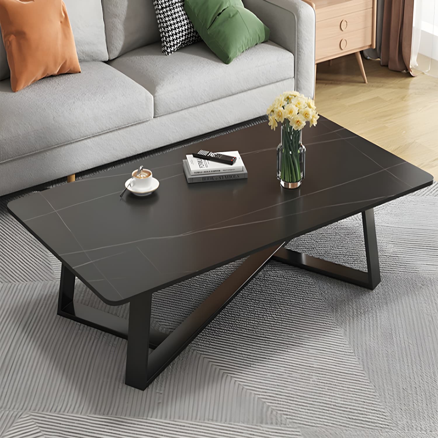 Modern Rectangle Coffee or End Table Stone and Steel Coffee Table with Cross Legs - image 5
