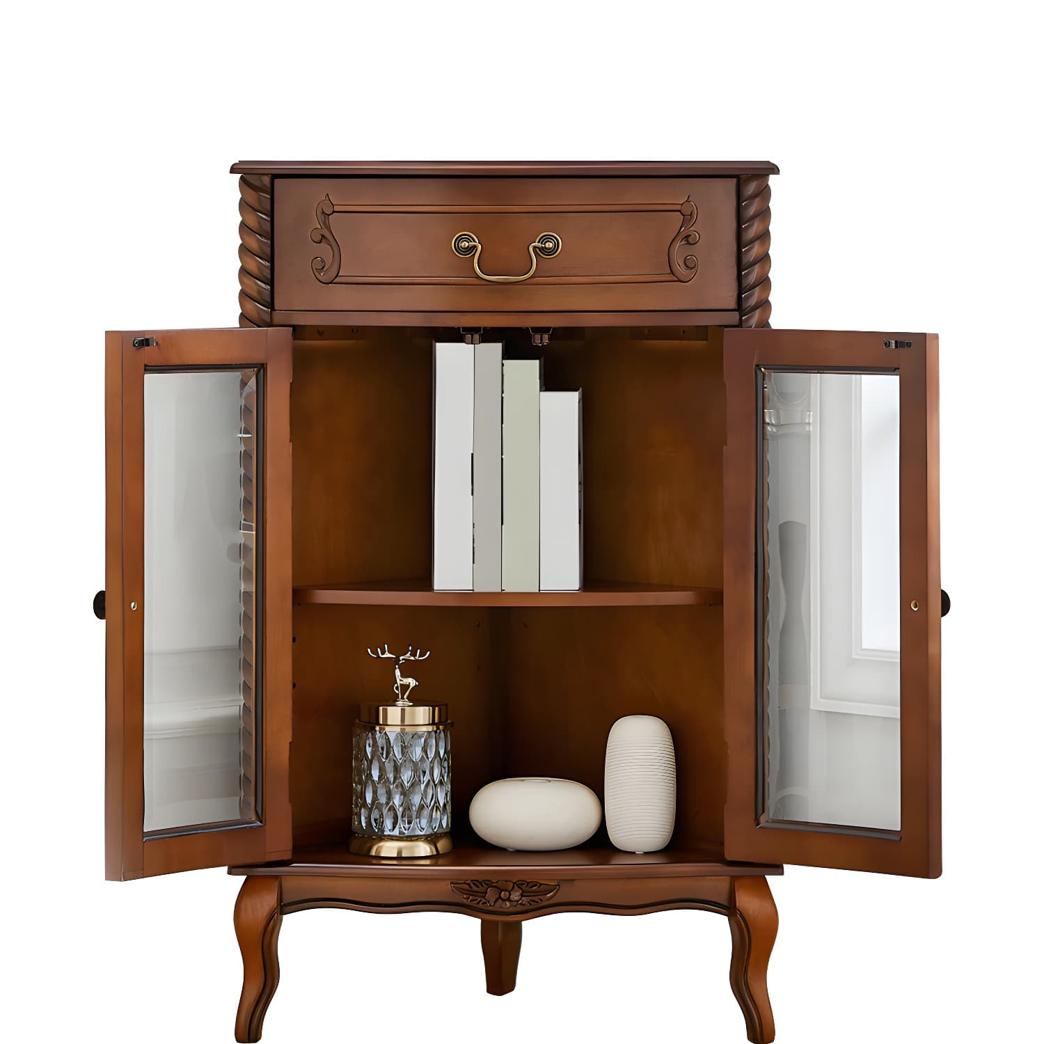 Mid-century Modern Brown Corner Cabinet, Wooden Accent Cabinet with Shelves - image 5