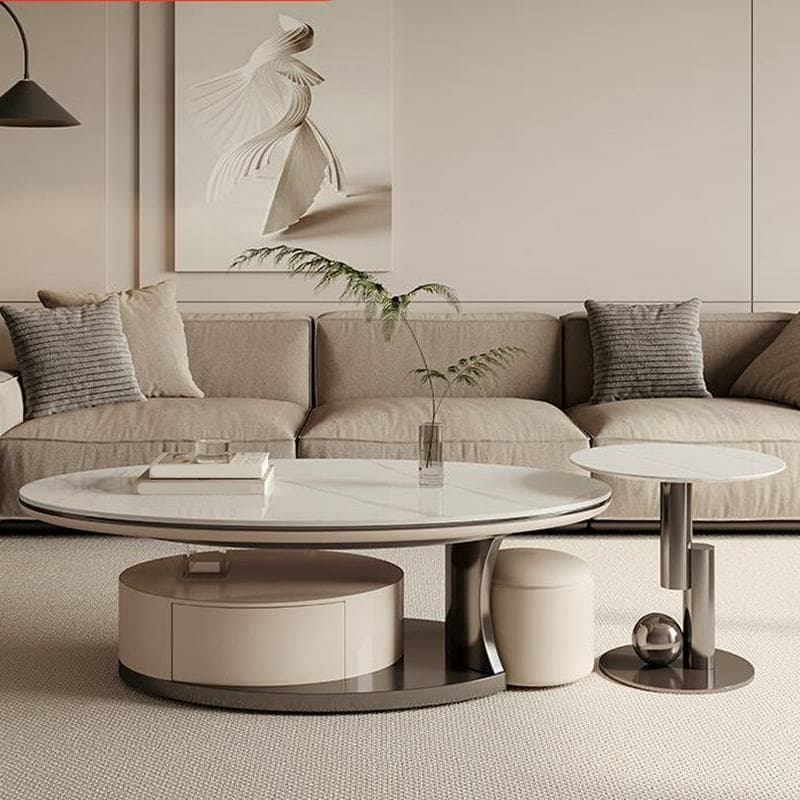 Luxurious Oval Stone Cocktail Table in White with Storage Drawer - image 3