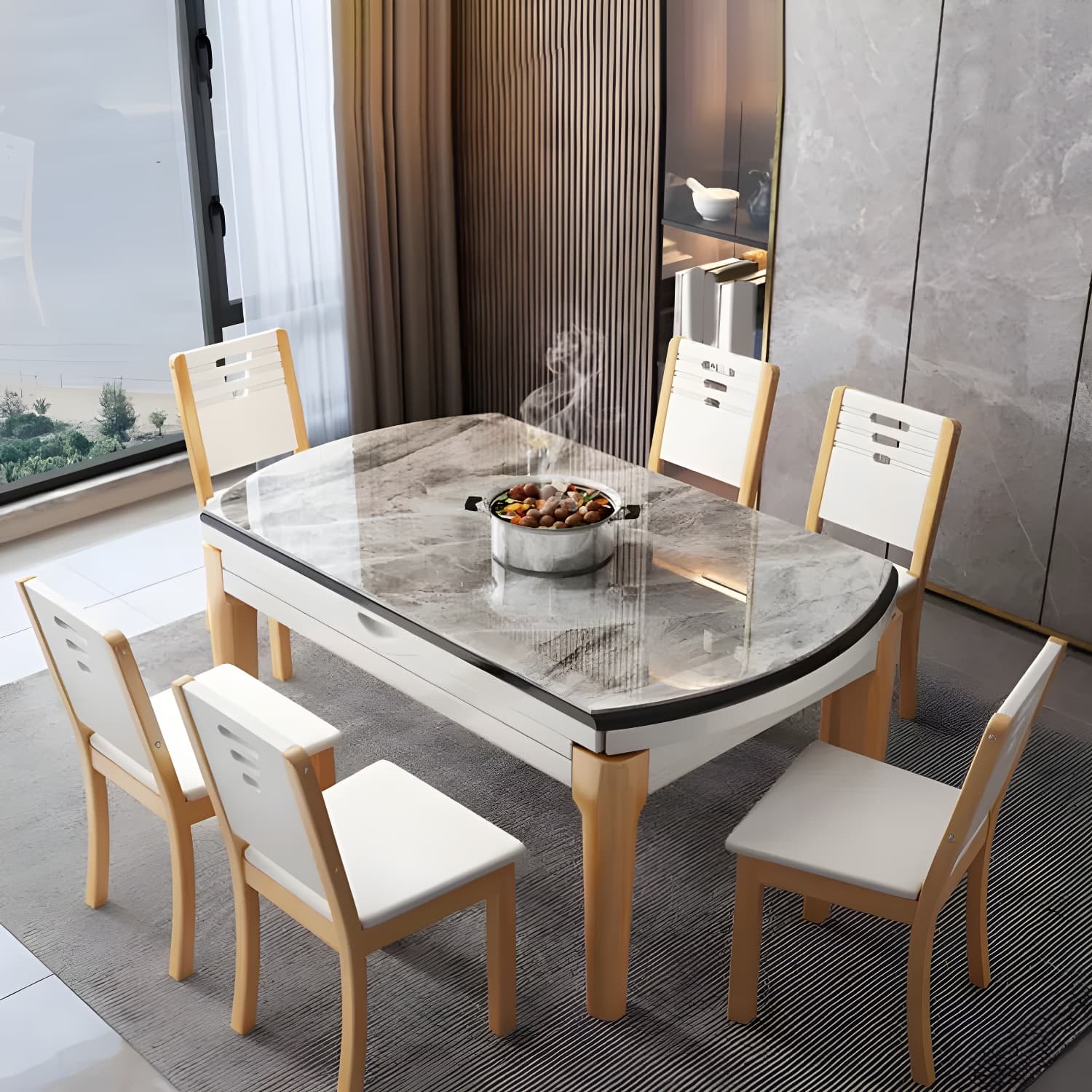 Modern Style Stone Furniture 7 Pcs Round Shape Dinette Table with Dining Chairs