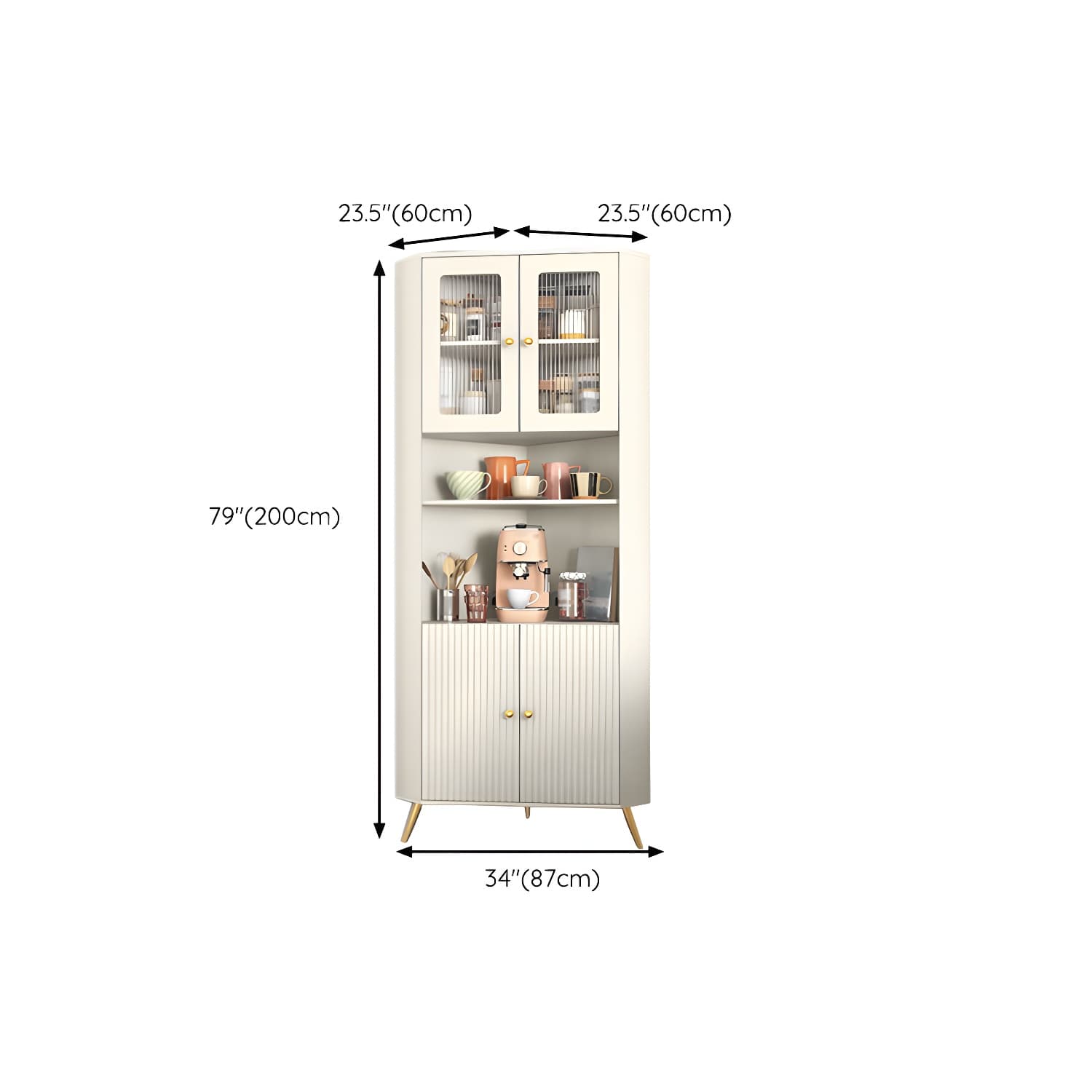 Modern Corner Accent Cabinet with White Wood Countertop, Glass Doors, and Gold Metal Base - image 13