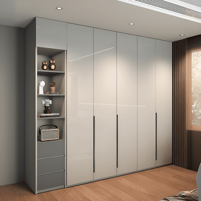 Gray Contemporary Timber Self-supporting Wardrobe Armoire with Soft Close Drawer, Soft Close Door, and Interior Shelves