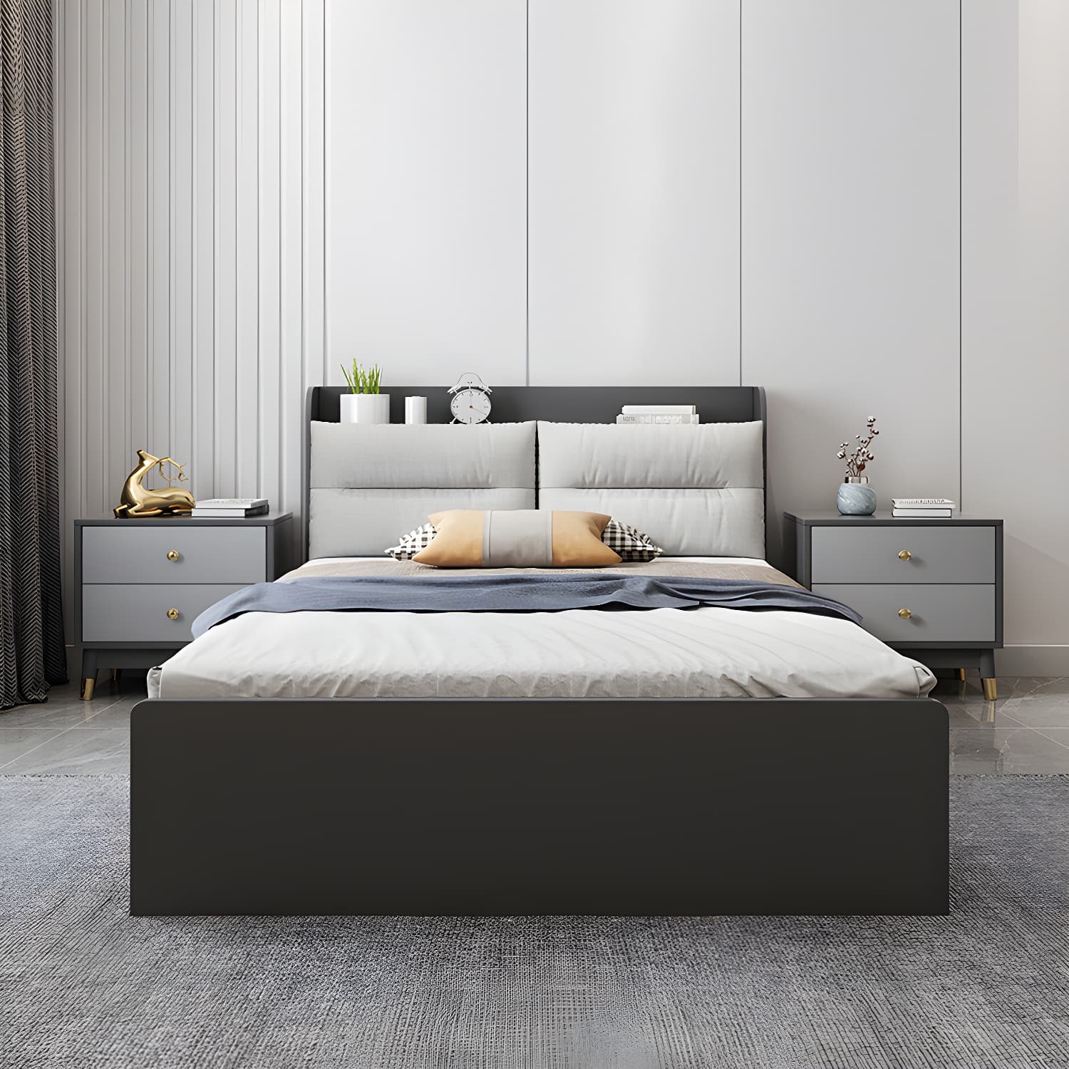 Scandinavian Low Profile Bed with Headboard Upholstered Bed with Drawers - image 6
