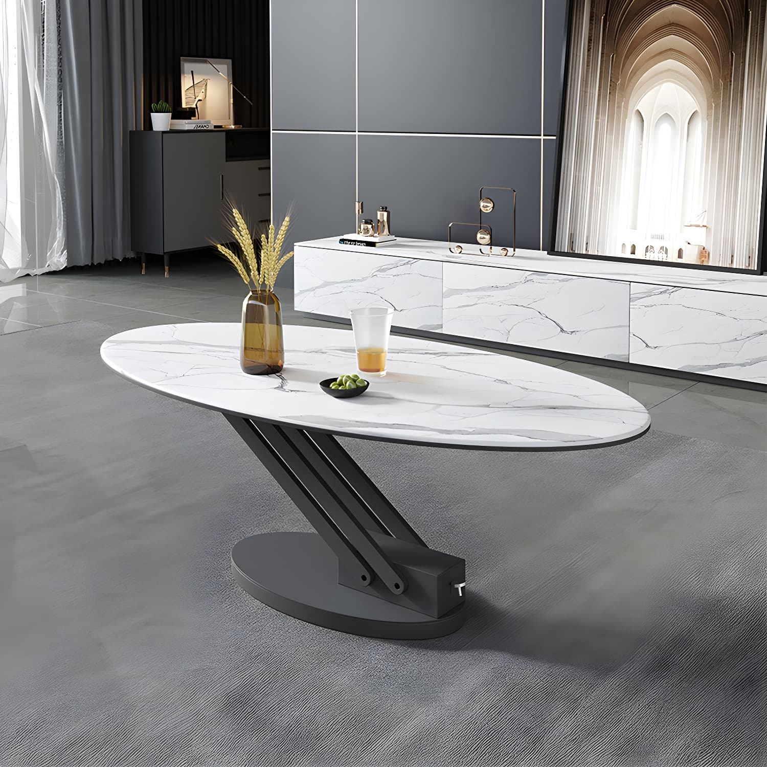 Round Slate Coffee Table with Lift Top Pedestal Base 1 Single Cocktail Table - image 4