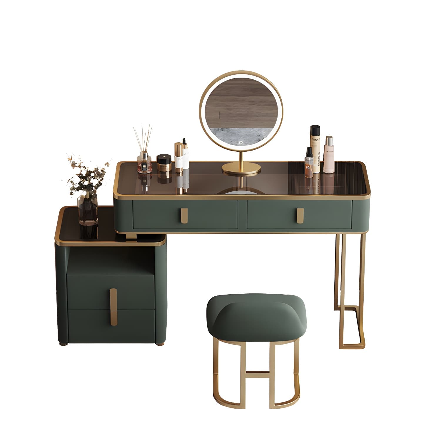 Glass Top Dressing Table Solid Wood Green Make-up Vanity with Drawers - image 5