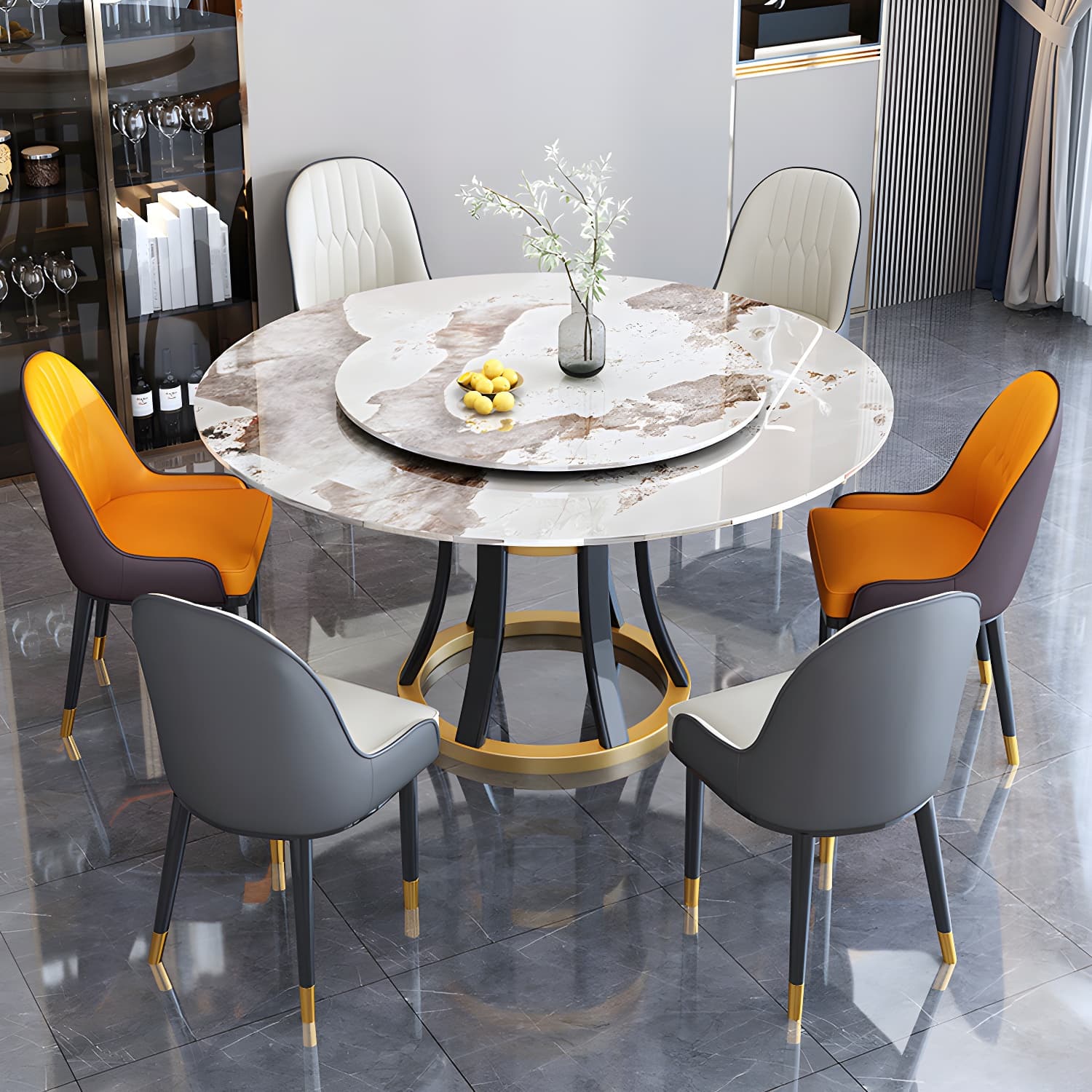 Round Sintered Stone Dining Table Modern Turntable Furniture with Solid Wood Pedestal Base