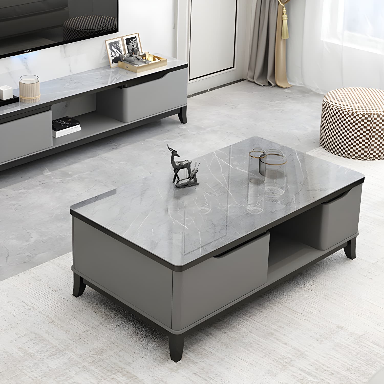 17.7 " Tall Contemporary Wood 4 Legs Glass/slate Rectangular Top Coffee Table with Drawers - image 14