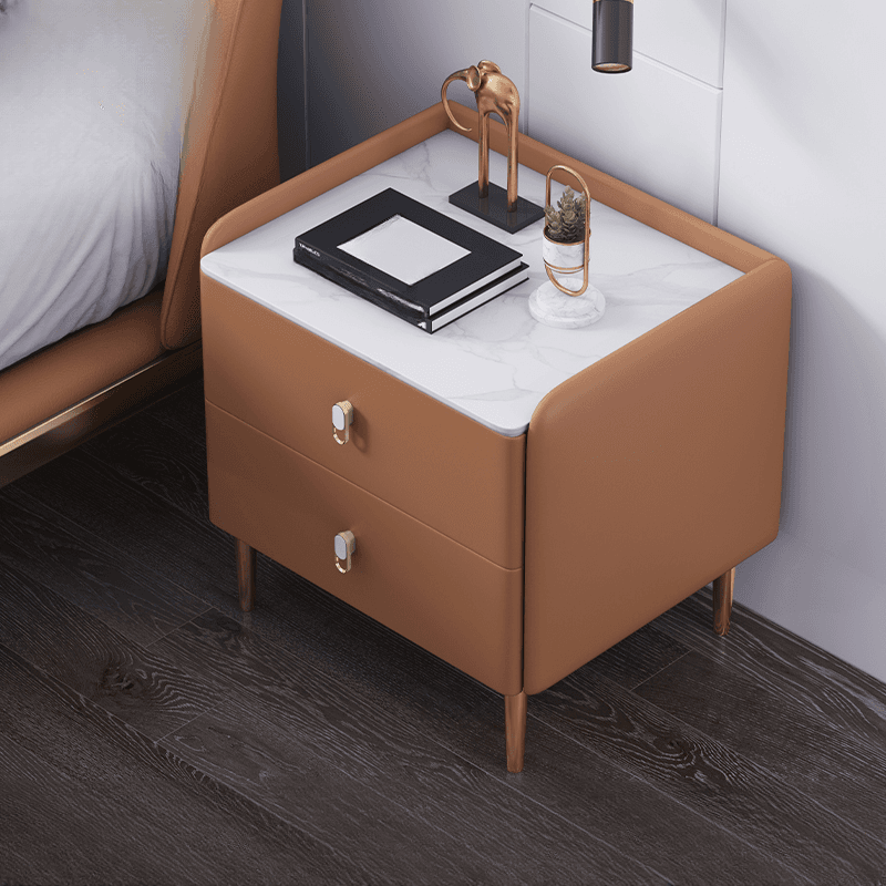 Contemporary Nightstand with 2 Drawers, Pu Leather Countertop, and Leg Support