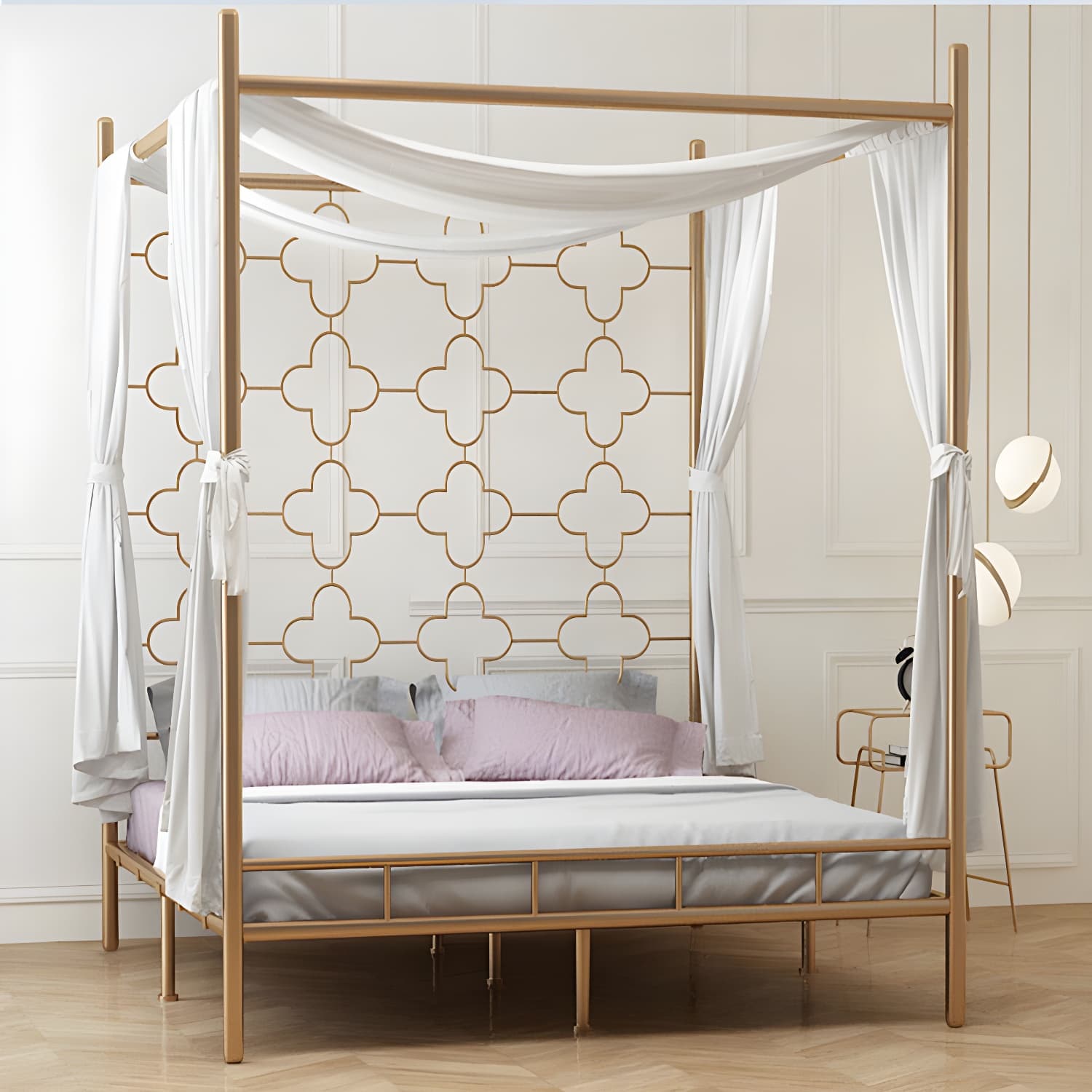 Metal Four Poster Bed with Open-Frame Headboard, Glam Standard Bed - image 13