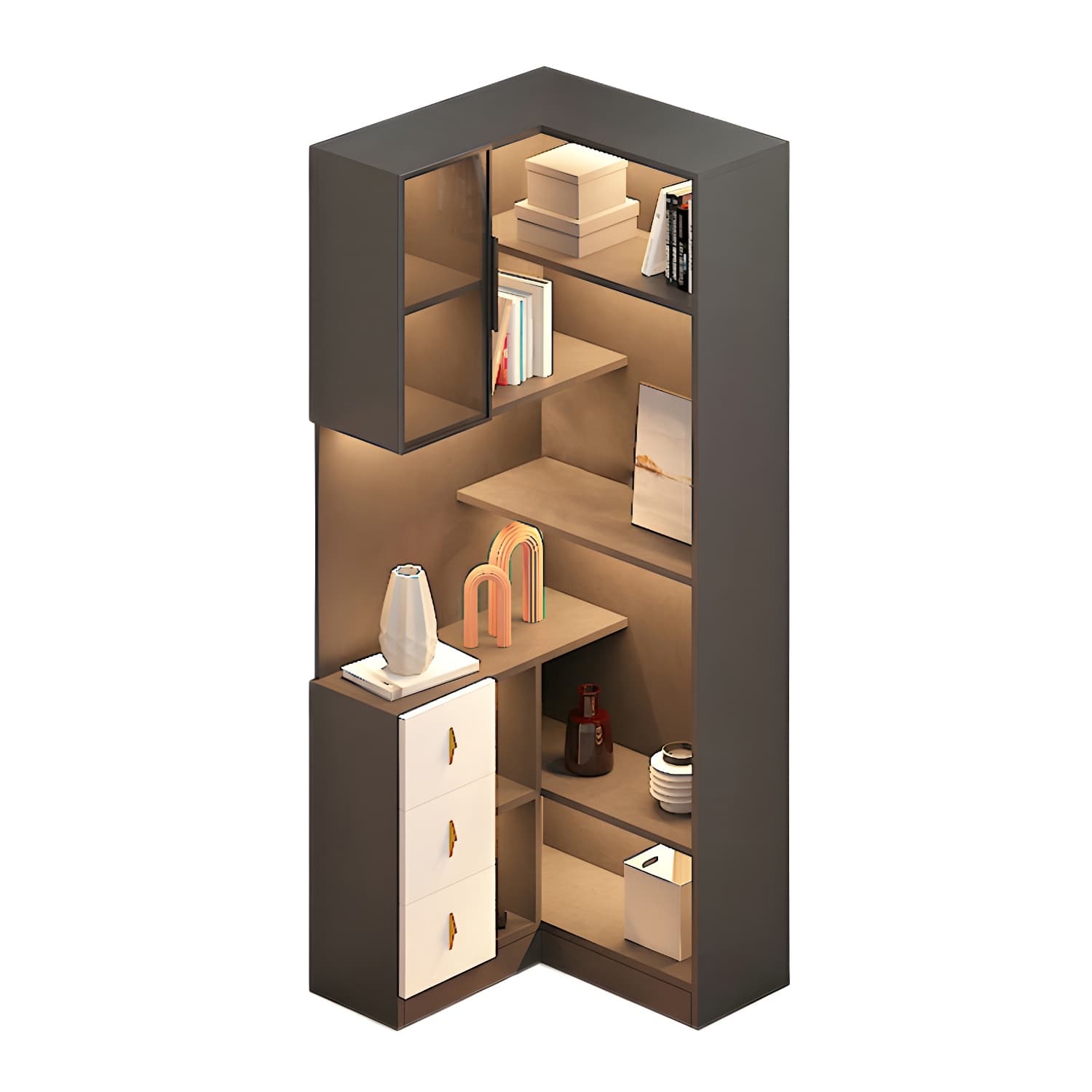 Corner Modern Accent Cabinet with Wood Counter Top, Glass Doors, Drawers, and Adjustable Shelves - image 7