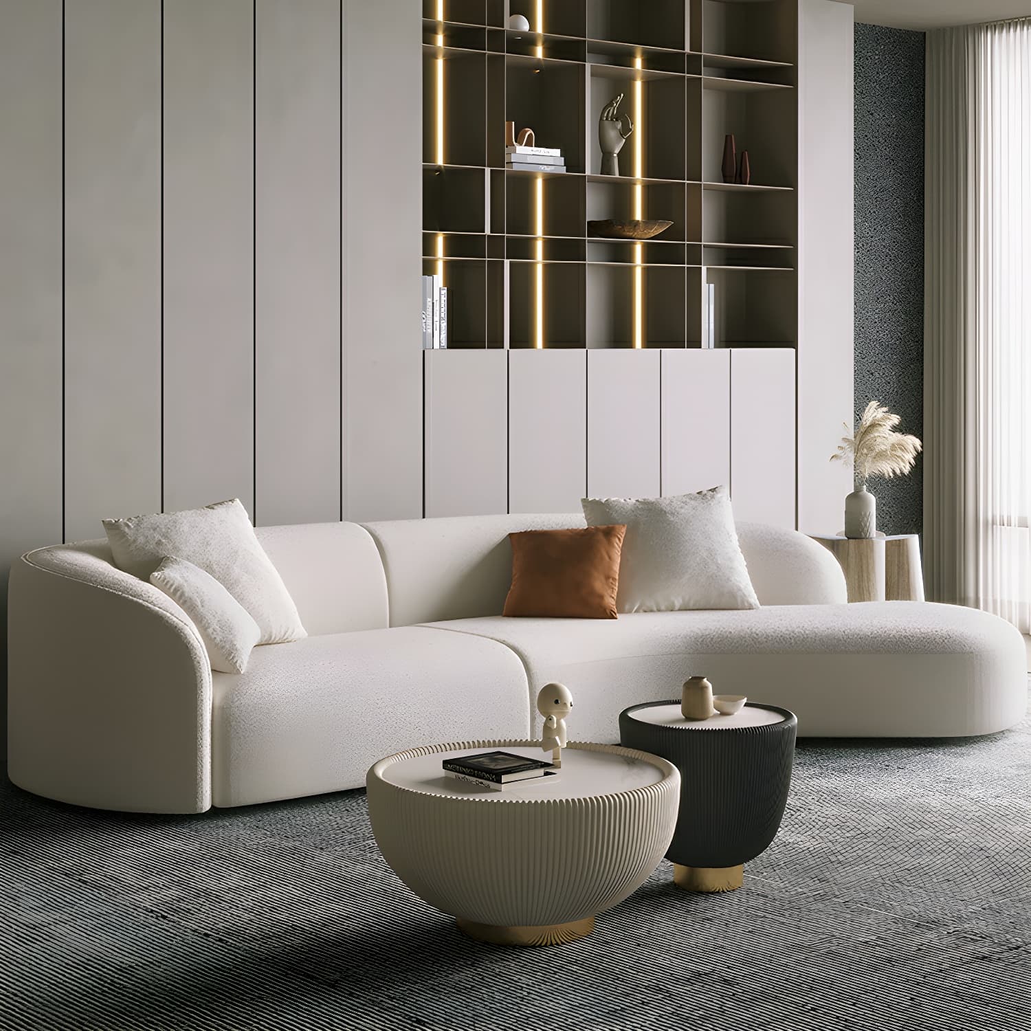 Scandinavian Wood Frame Curved Sectional Sofa in Beige Sherpa Upholstery, 2 Piece Set - image 6