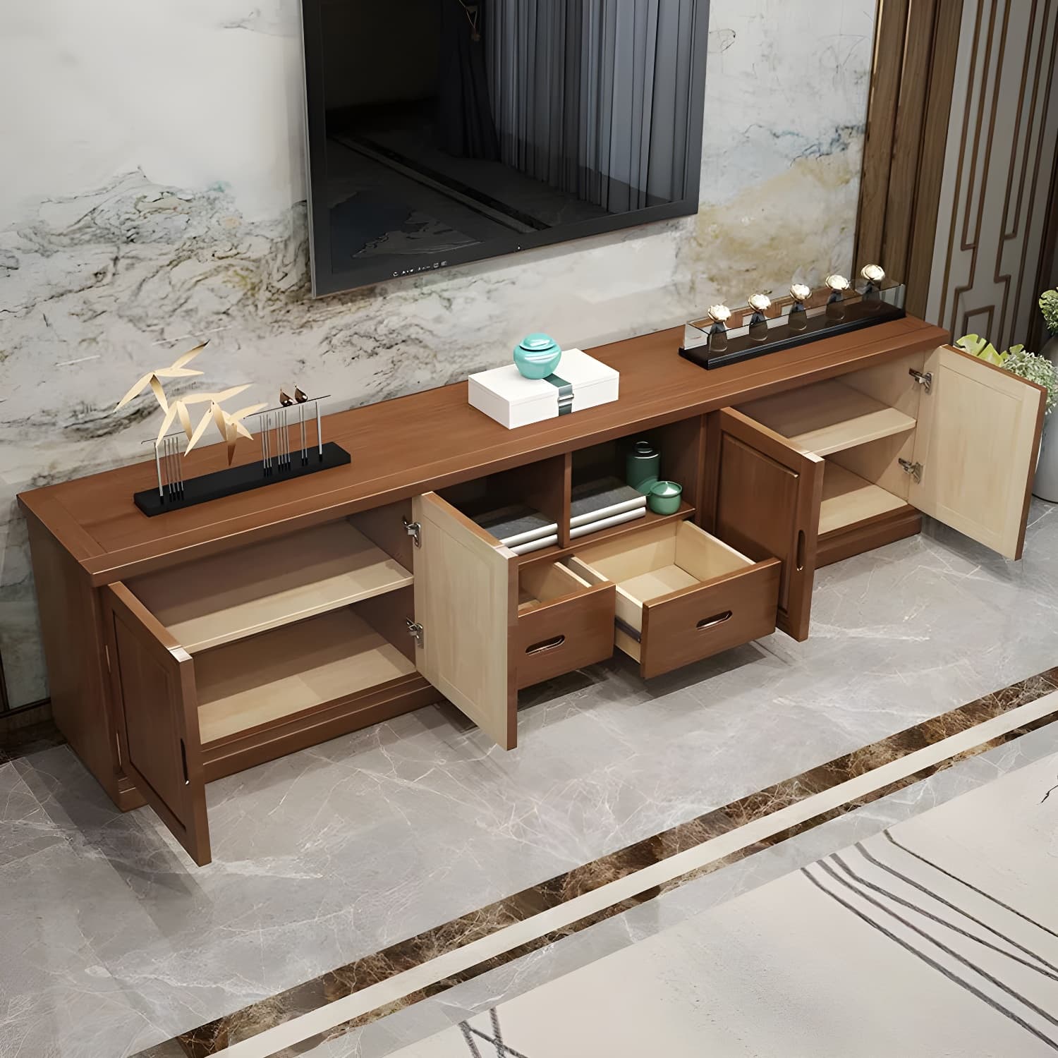 Traditional Solid Wood TV Console Open Storage TV Stand with Cabinet - image 11