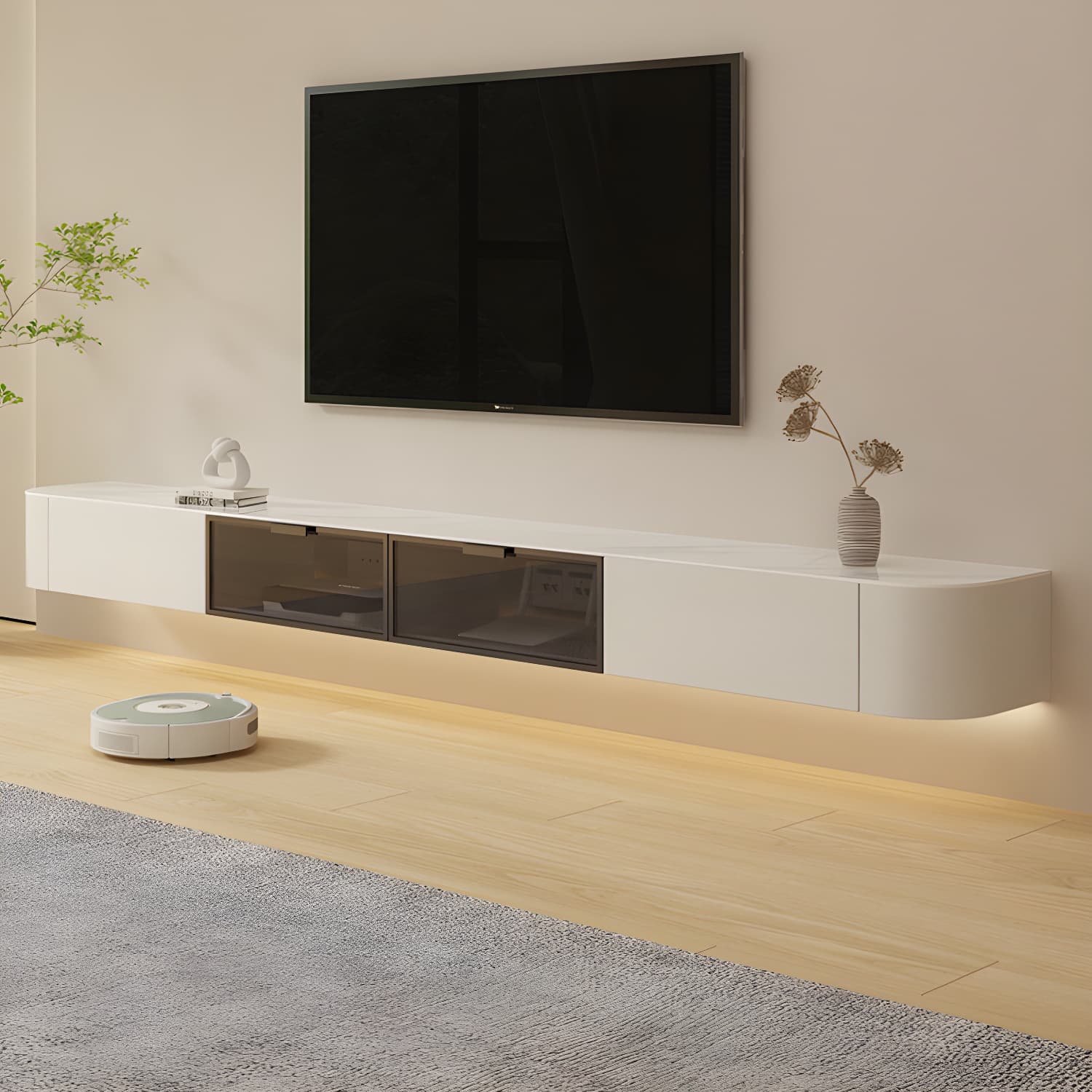 Modern White TV Media Stand Floating TV Stand Console with Drawers for Living Room