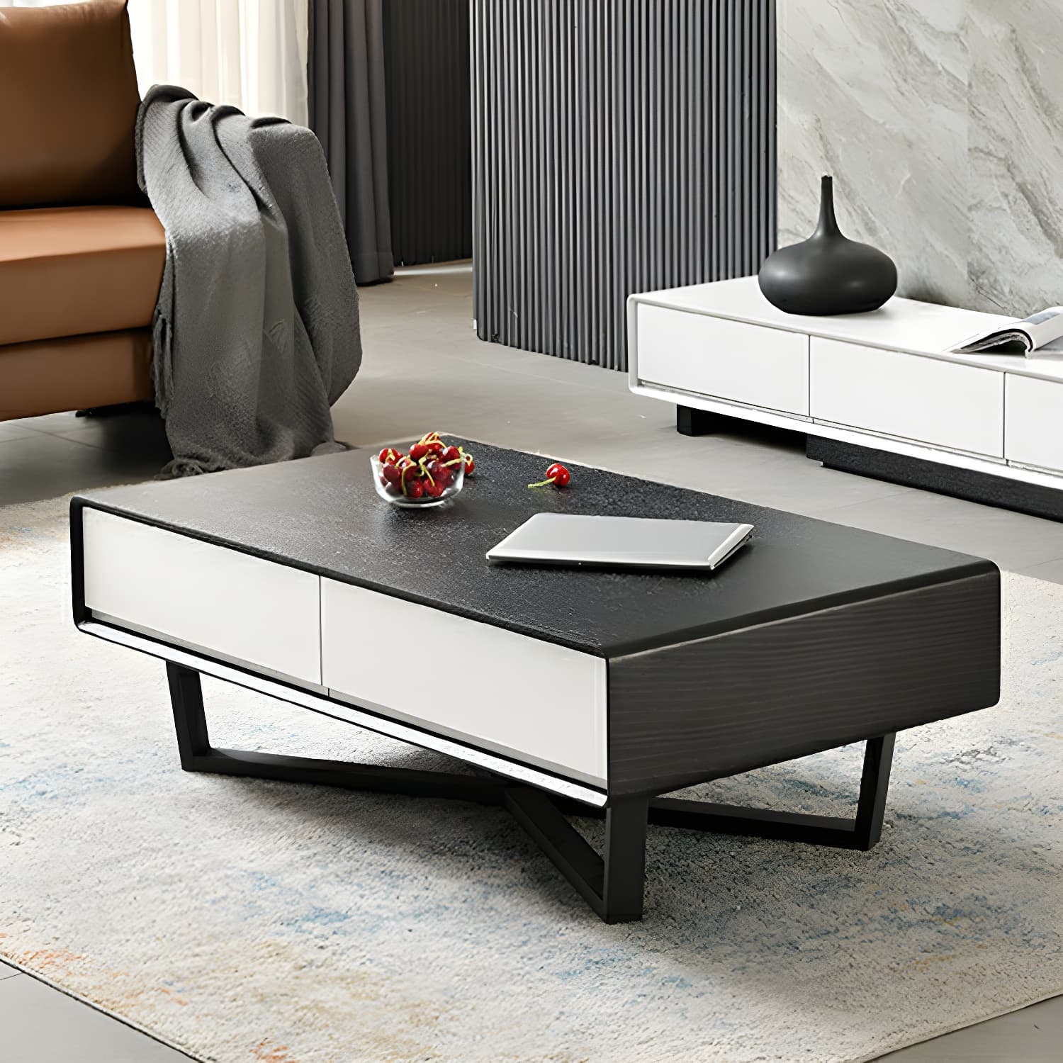 Rectangular Wood Modern Coffee Table with Black Metal Cross Legs and Storage Drawers - image 16