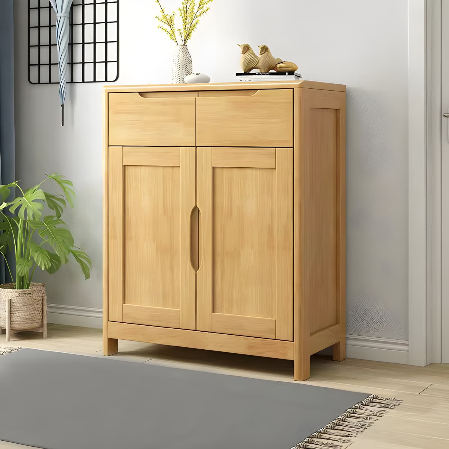 Mid-Century Cabinet with 2 Doors and 2 Drawers in Rubberwood