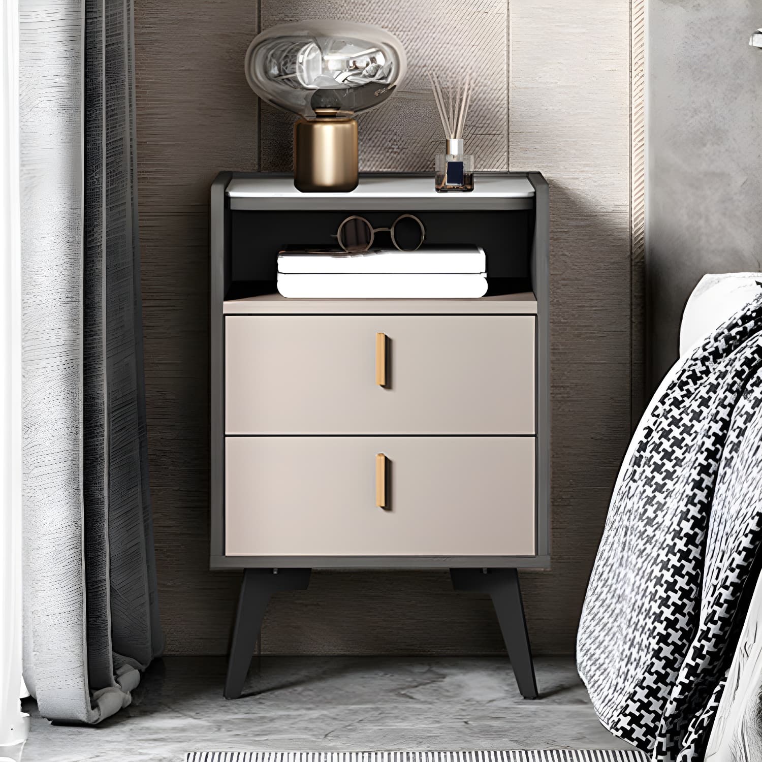Stone Top Nightstand Modern Open Stoarge Drawer Legs Included Bed Nightstand - image 3