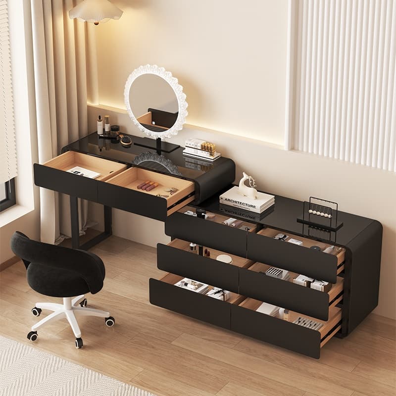 Midnight Black Modish Large/Standard Makeup Vanity with Vitreous Table Top, 8 Drawers/5 Drawers, and Scalable Design