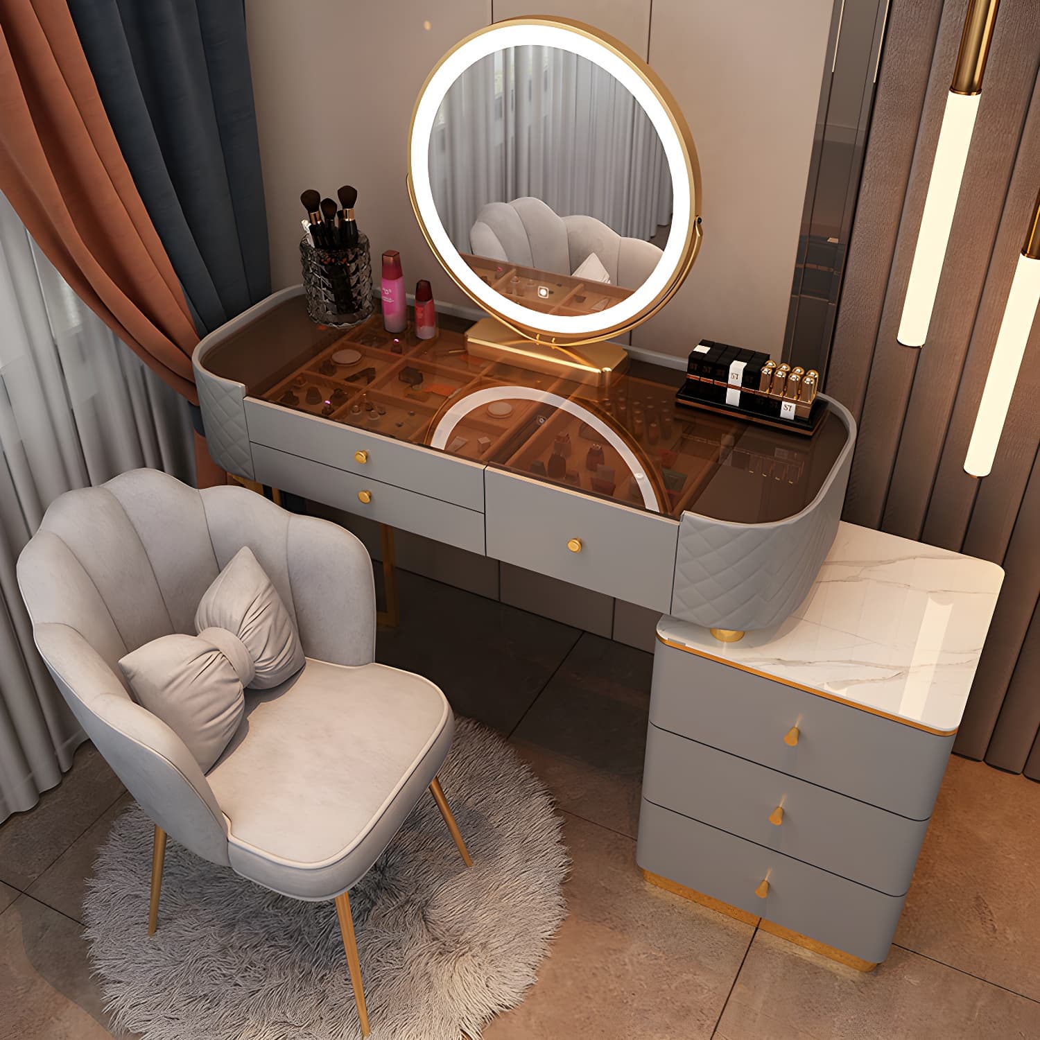 Lighted Mirror & Jewelry Makeup Vanity Metal Dressing Table Stool Set - image 7