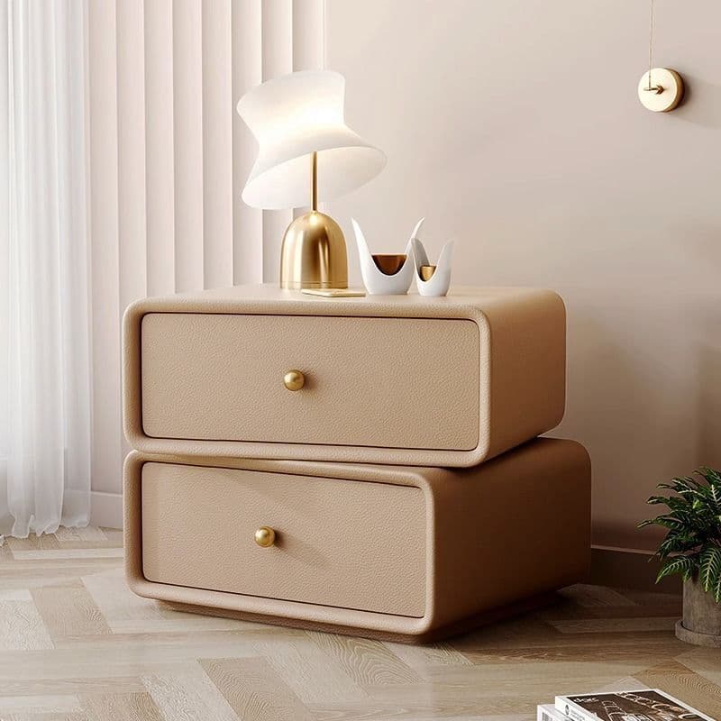 Simplistic 2 Tiers Drawer Storage Nightstand with Light Colored Wood, Swivel Feature, and Pleather Countertop - image 10