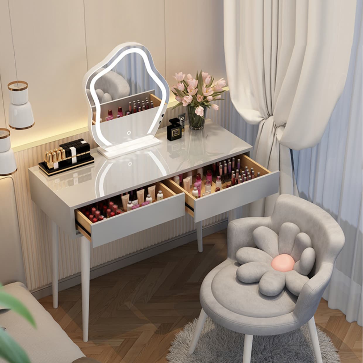 Contemporary Lighted Mirror Makeup Vanity Desk in Wood Vanity Dressing Table Set - image 12