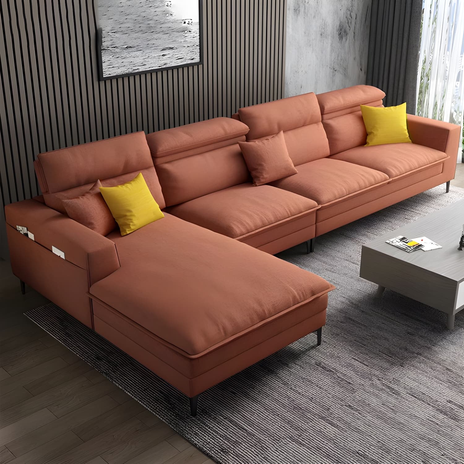 Modern Wood Frame Stationary Sectional Sofa with Black Legs and Storage in Cotton Blend Upholstery